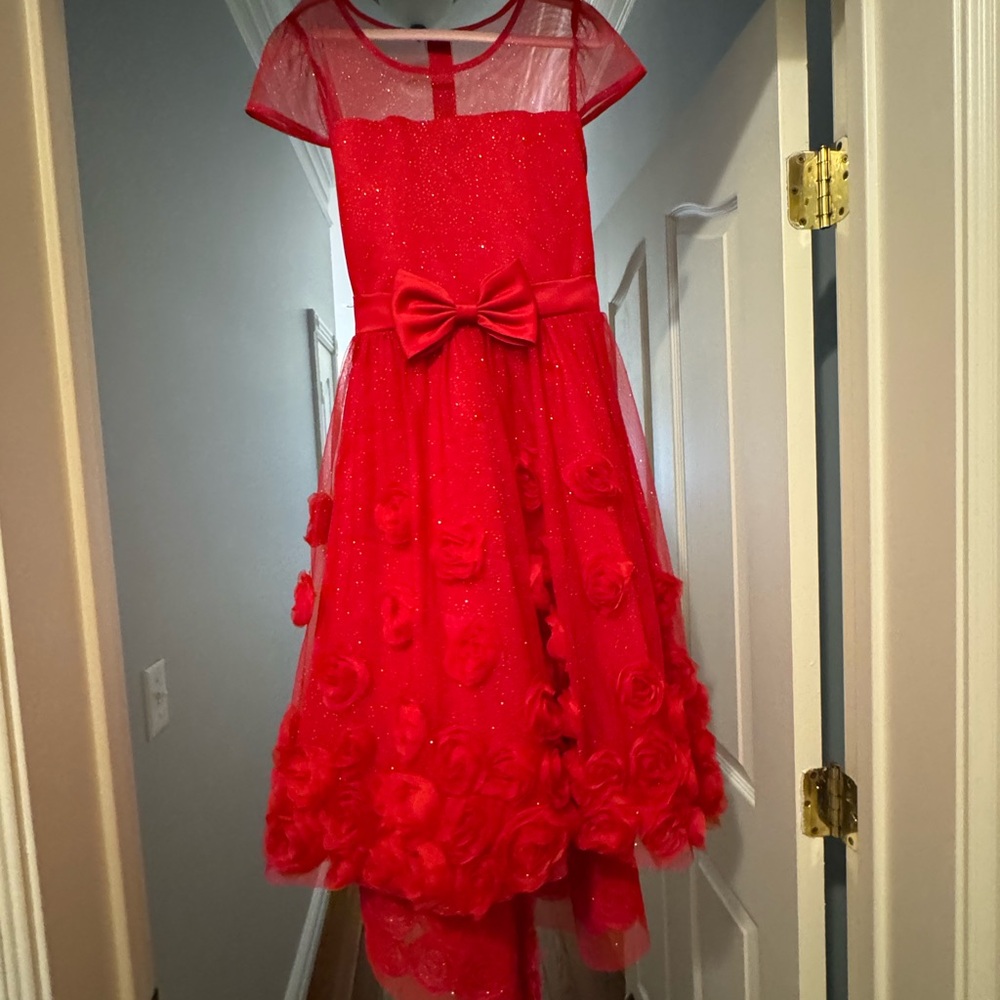 Rare Editions Red Asymmetrical Dress with Gorgeous Rosette Details